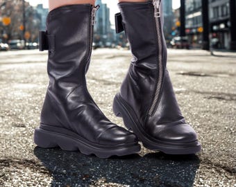 Black Leather Mid-Calf Boots with Front Zipper and Chunky Sole