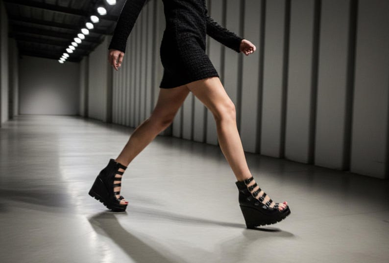 May include: Black wedge sandals with multiple straps and a platform sole. The sandals are worn with a black dress. The image is taken in a long, bright corridor with a row of lights.