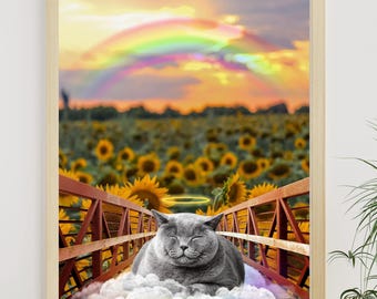 Retrato conmemorativo personalizado para mascotas, arte digital de gatos en el puente arcoíris, regalo por la pérdida de una mascota, homenaje personalizado para perros, obra de arte animal personalizada, recuerdo de condolencia