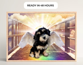 Retrato conmemorativo de mascota personalizado Regalo de condolencia por pérdida Arte de ángel de perro Cielo Puente Arcoíris Tributo Recuerdo personalizado Recuerdo digital