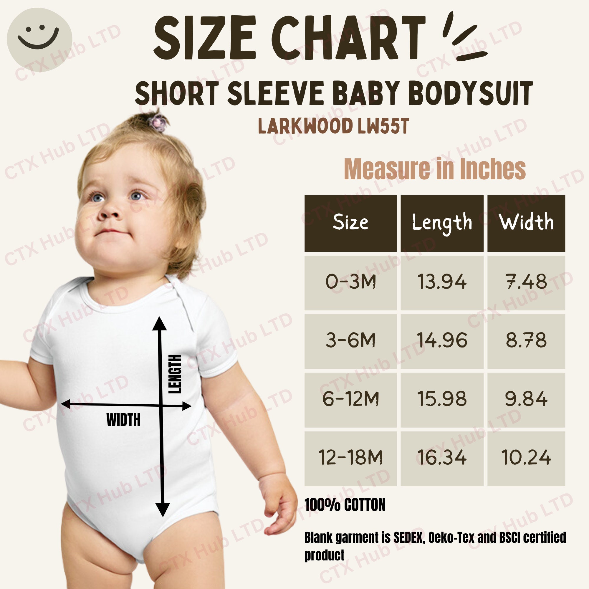 Larkwood LW55T Short Sleeve Baby Bodysuit Size Chart, Baby