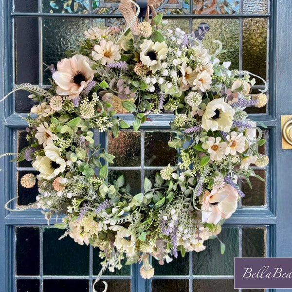 Handmade Spring Wreath with Anemones, Lavender and Daisies, Spring/Summer Pastel Front Door Wreath with Wild Clover and Gypsophila Accents