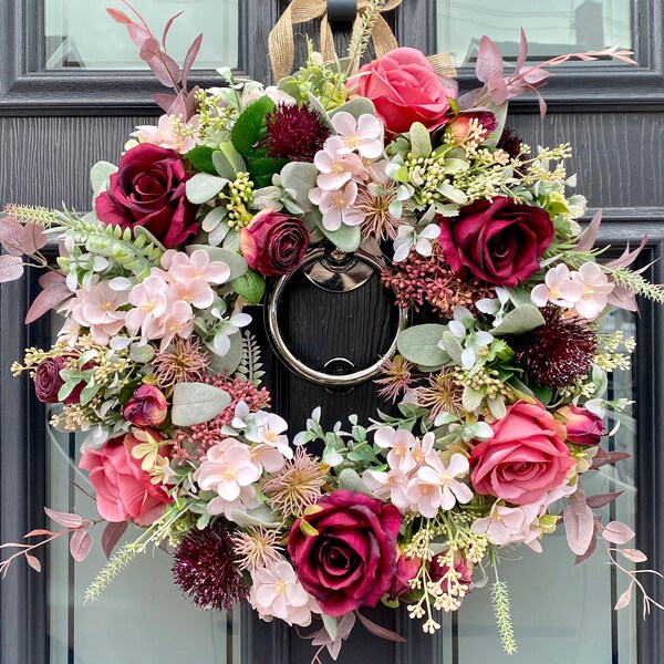 Pink Shades Summer Wreath, Handmade Spring Summer Faux Front Door Decor - Roses Thistles Lambs Ear and Elderberry Floral Home Accent