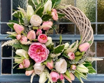 Lavender Tulip and Peony Spring Wreath - 45cm Handmade Front Door Decor - Pink & White Floral Home Accent, Elegant Wicker Half Wreath