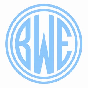 May include: A circular monogram graphic featuring the letters BWE in a bold, light blue sans-serif font. The letters are enclosed within two concentric light blue circular rings, creating a clean, centered design on a plain white background.