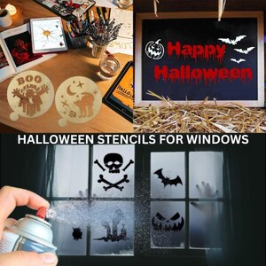 Może przedstawiać: Zestaw szablonów i dekoracji o tematyce Halloween. Zawiera szablony z czaszką i skrzyżowanymi piszczelami, nietoperzami i twarzami dyni. Tablica szkolna z napisem "Happy Halloween".