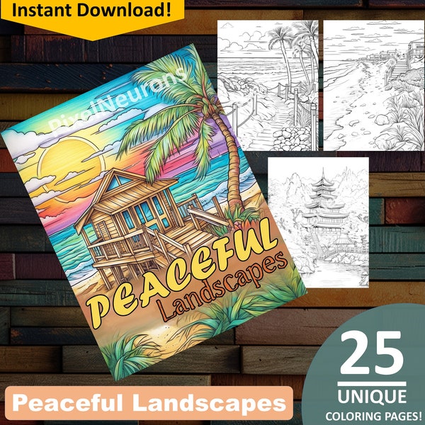 Peaceful Landscapes Coloring Book - 25 Tranquil Pages for All Ages, Kids and Adults, tropical, serene landscapes, beach, mountain, & forests