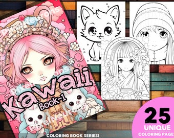 Kawaii Coloring Book – 25 Cute Printable Pages, Relaxation (Digital Download)
