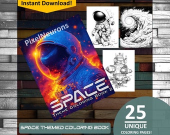 Pode incluir: Um livro para colorir com tema espacial com 25 páginas únicas. A capa apresenta um astronauta em uma cena espacial colorida. O título do livro é "SPACE THEME COLORING BOOK 2".
