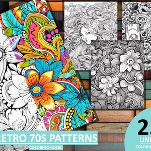 May include: A coloring book with 25 unique pages featuring retro 70s patterns. The cover shows a colorful floral design with swirls and paisley shapes.
