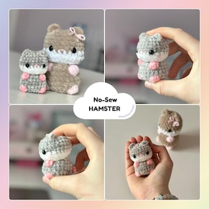 以下が含まれることがあります： 様々なポーズの、かぎ針編みで作られたハムスターのぬいぐるみ。ハムスターはグレーと茶色で、足と耳にピンクのアクセントがあります。「No-Sew HAMSTER」の文字が白い雲のグラフィックに表示されています。