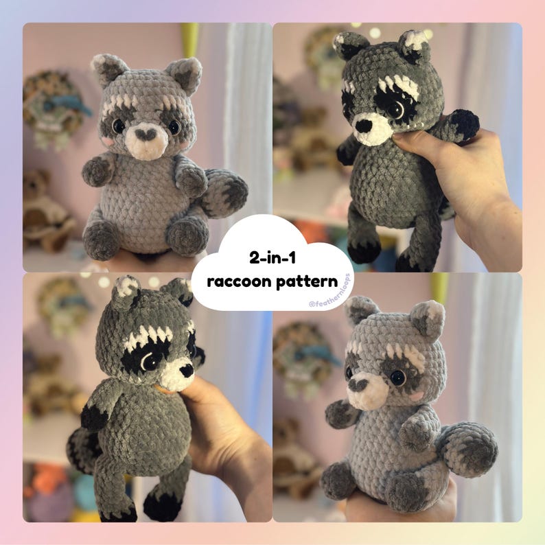 May include: A collection of four images showcasing a handmade crochet raccoon plushie. The raccoon is primarily gray with white and black accents, including a mask around its eyes. The text "2-in-1 raccoon pattern" is displayed.