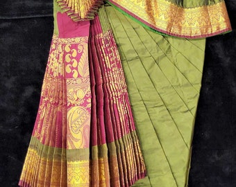 Bharatnatyam Dress | Pasi Green with Maroon Border | Artificial Saree | Readymade Dance Costume