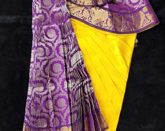 Vestido Bharatnatyam / Amarillo con Vaadamalli / Algodón de seda con borde en contraste / Traje de baile confeccionado