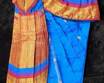 Bharatnatyam Dress | Peacock Blue with Maroon | Dharmavaram Silk | Readymade Dance Costume