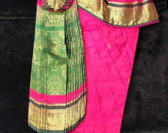 Bharatnatyam Dress | Pink with Green | Dharmavaram Silk | Readymade Dance Costume