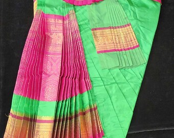 Vestido Bharatnatyam / Verde loro con rosa / Seda Dharmavaram / Traje de baile confeccionado