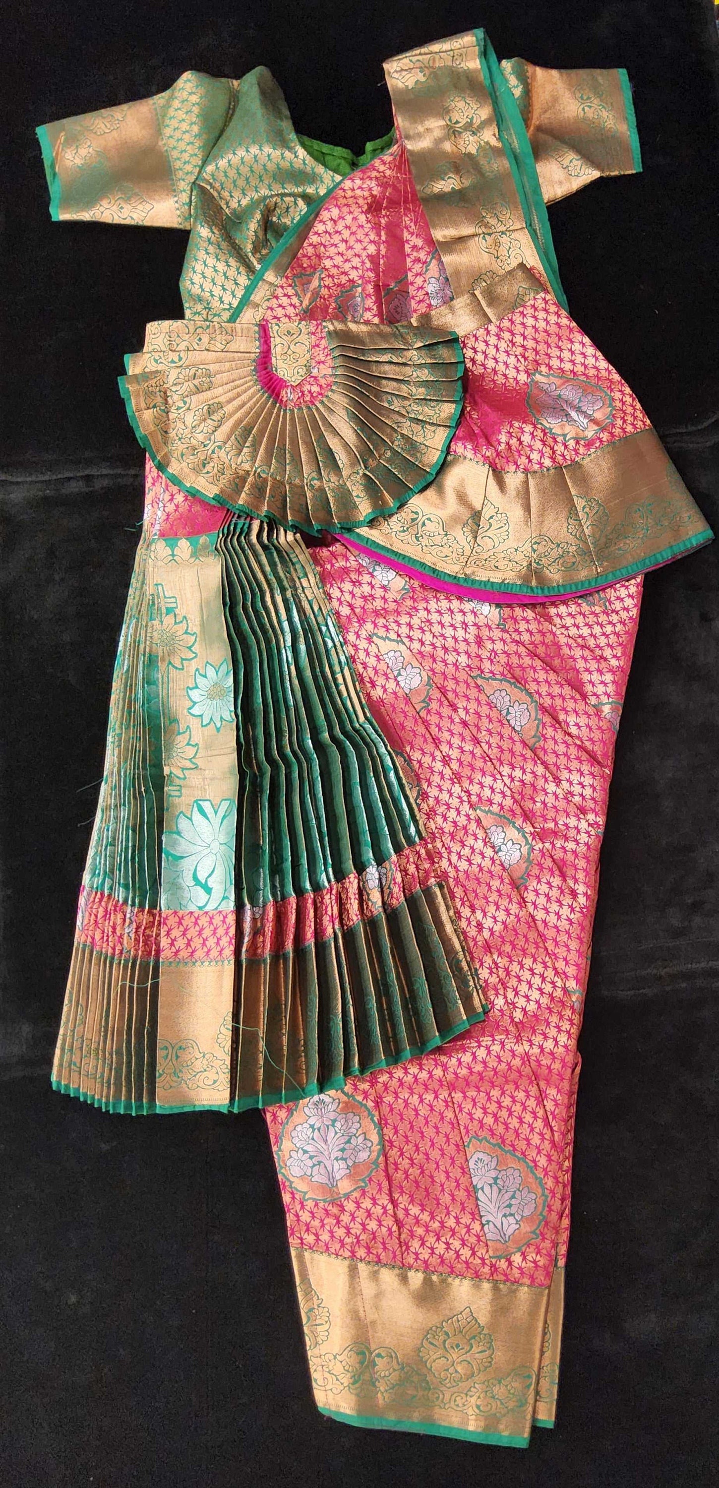 Bharatnatyam Dress | Pink with Dark Green | Artificial Saree | Readymade Dance Costume