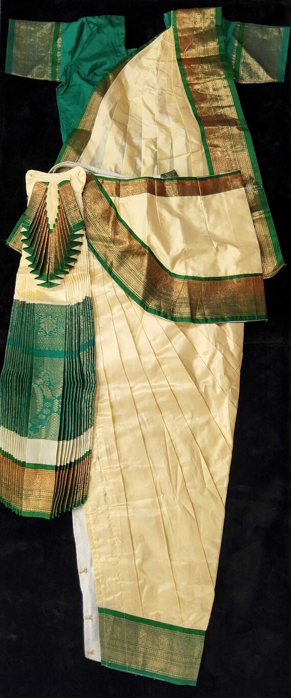 Bharatnatyam Dress | Half White with Green Border | Dharmavaram Silk |Readymade Dance Costume