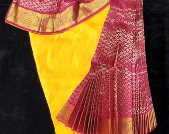 Bharatnatyam Dress | Mango Yellow with Pink | Silk cotton with contrast Border | Readymade Dance Costume