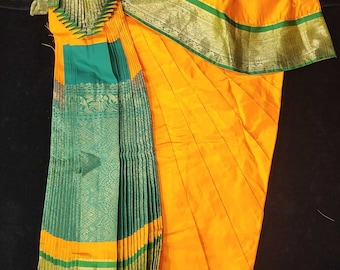 Bharatnatyam Dress | Mango Yellow with Green | Dharmavaram Silk | Readymade Dance Costume