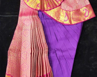 Vestido Bharatnatyam / Vaadamalli con rosa / Algodón de seda con borde en contraste / Traje de baile confeccionado