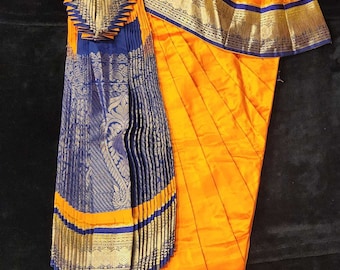Bharatnatyam Dress | Mango Yellow with Navy Blue | Dharmavaram Silk | Readymade Dance Costume