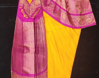 Bharatnatyam Dress | Mango Yellow with Pink | Silk cotton with Kanchipuram Border | Readymade Dance Costume