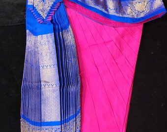 Bharatnatyam-jurk | Roze met Blauw | Zijdekatoen met Kanchipuram-rand | Kant-en-klaar danskostuum