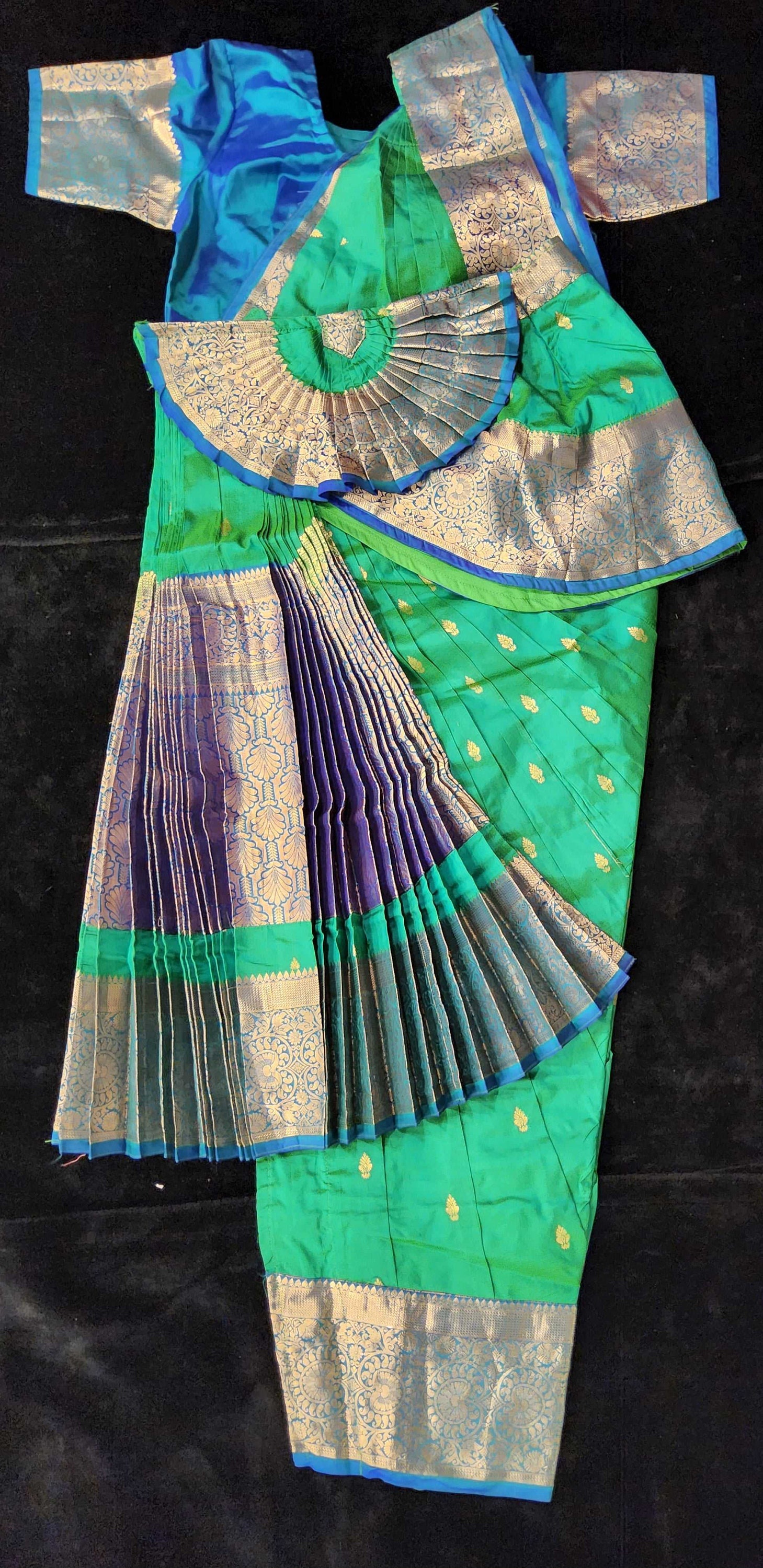 Buy Bharatnatyam Dress | Green With Peacock Blue Border | Artificial Kanchipuram Silk Saree | Readymade Dance Costume Online in India - Etsy Buy Bharatnatyam Dress | Green With Peacock Blue Border | Artificial Kanchipuram Silk Saree | Readymade Dance Costume Online in India - Etsy