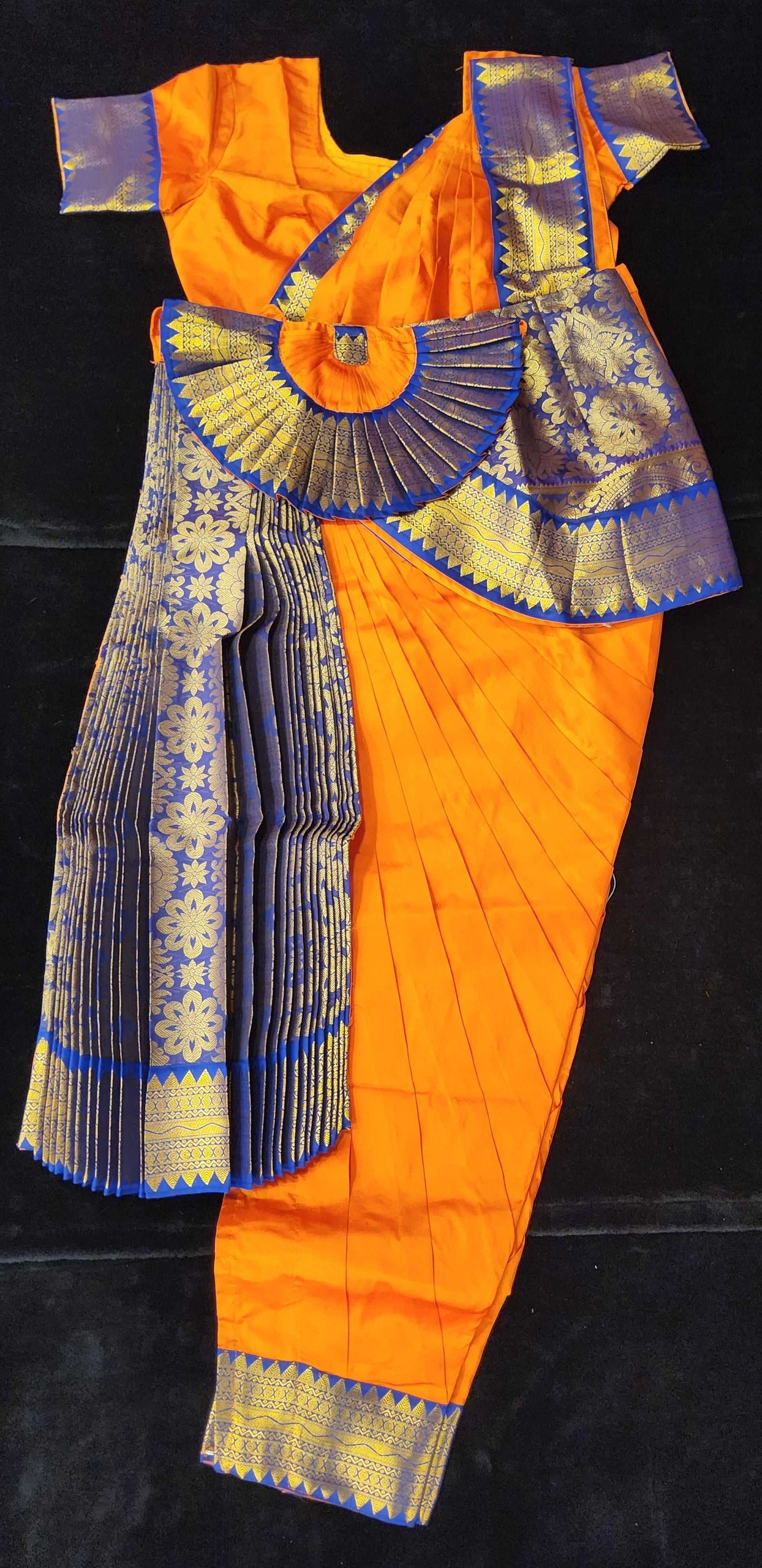 Bharatnatyam Dress Orange with Blue Silk cotton with contrast Border  Readymade Dance Costume
