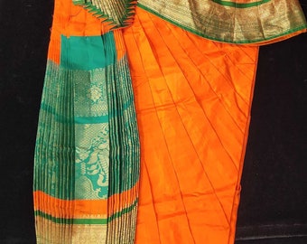 Bharatnatyam Dress | Orange with Green | Dharmavaram Silk | Readymade Dance Costume