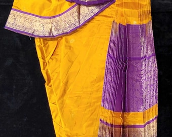 Vestido Bharatnatyam / Mostaza con Púrpura / Seda Dharmavaram / Traje de baile confeccionado