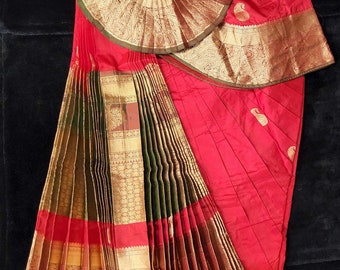 Bharatnatyam Dress | Red with Green | Silk Saree | Readymade Dance Costume