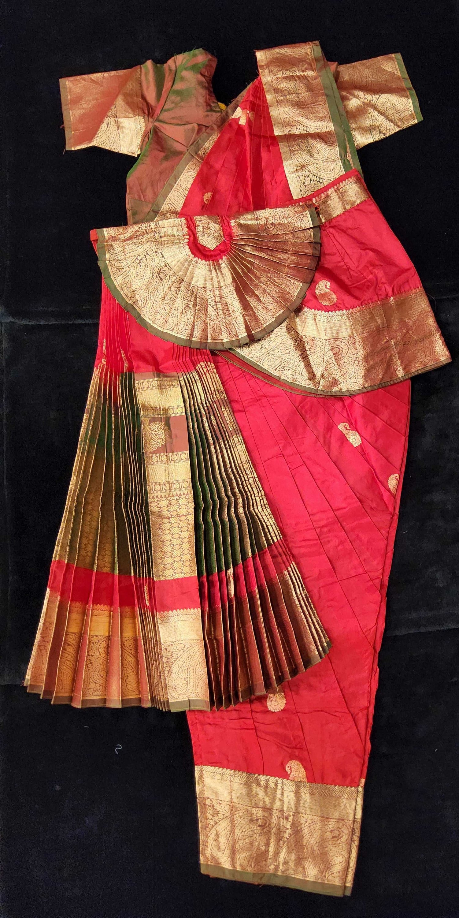 Bharatnatyam Dress | Red with Green | Silk Saree | Readymade Dance Costume
