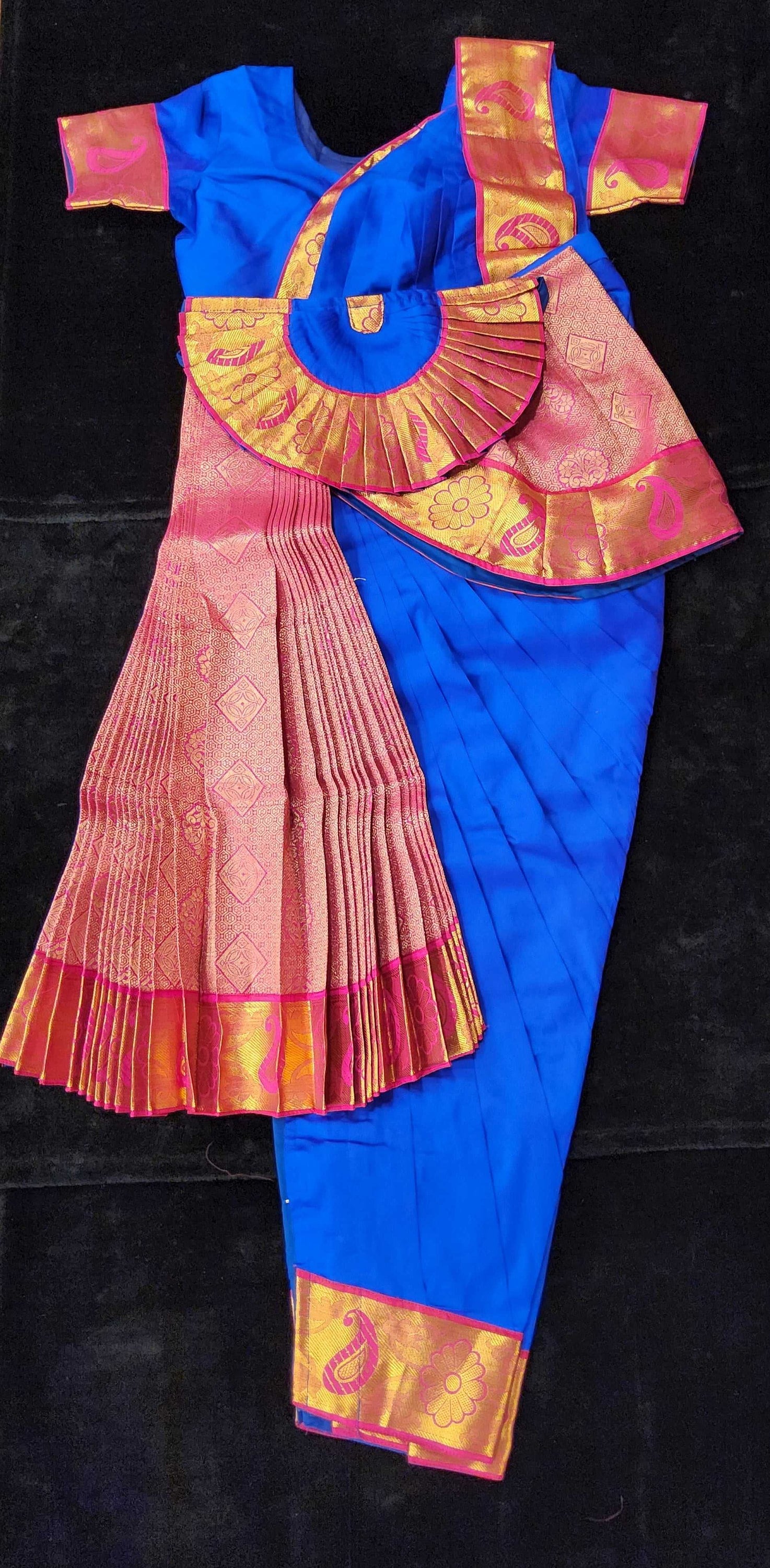 Bharatnatyam Dress Peacock Blue With Pink Silk Cotton With