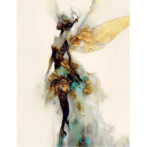 AQUA GOLD FAIRY, Abstract Art, Teen Room Art, Fairy Painting, Fantasy Art, Tween Art, Digital Download, Ethereal Print, Mystical Art