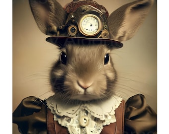Lámina artística de conejo steampunk: póster vintage de conejo (descarga digital)
