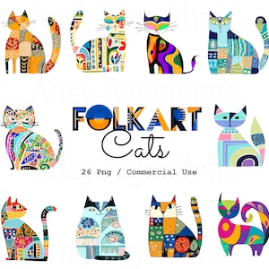 ART POPULAIRE CHATS, Clipart chats colorés, chats fantaisistes, png transparents, chats insolites, chats à usage commercial, chats rigolos, png animal, png félin