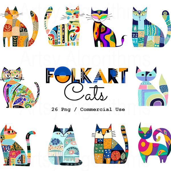 FOLK ART CATS, Colorful Cats Clipart, Whimsical Cats, Transparent Png, Quirky Cats, Commercial Use Cats, Funny Cats, Animal Png, Feline Png