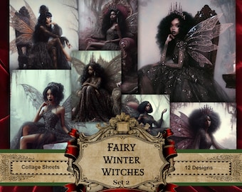 FAIRY WINTER WITCHES 2, art féérique, art afro-américain, art de la sorcière, art fantastique, éphémères féeriques, Black Art, art du livre modifié, fabrication de cartes