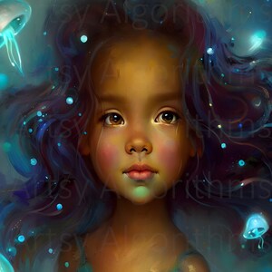 LITTLE MERMAID # 4, Meerjungfrau Portrait, Mermaidcore Art, Teen Zimmer Kunst, einzigartige Meerjungfrau Kunst, afroamerikanische Kunst, Fantasy Kunst