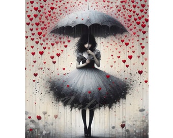 May include: A girl in a gray dress stands under a black umbrella, holding it with both hands. Red hearts are falling from the sky around her.