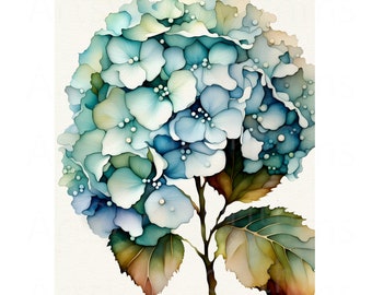 May include: A watercolor painting of a blue hydrangea flower with green leaves. The flower is in full bloom and the leaves are detailed with veins.