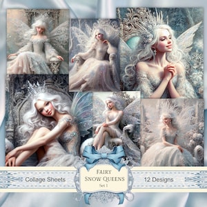 Könnte beinhalten: Collage-Blatt-Set mit 12 Designs, die Feen-Schneeköniginnen zeigen. Jedes Design zeigt eine Fee mit weißen Flügeln und einer Krone, die ein weißes Kleid mit funkelnden Details trägt. Die Feen sitzen auf Thronen oder Stühlen, vor einem verschneiten Hintergrund.