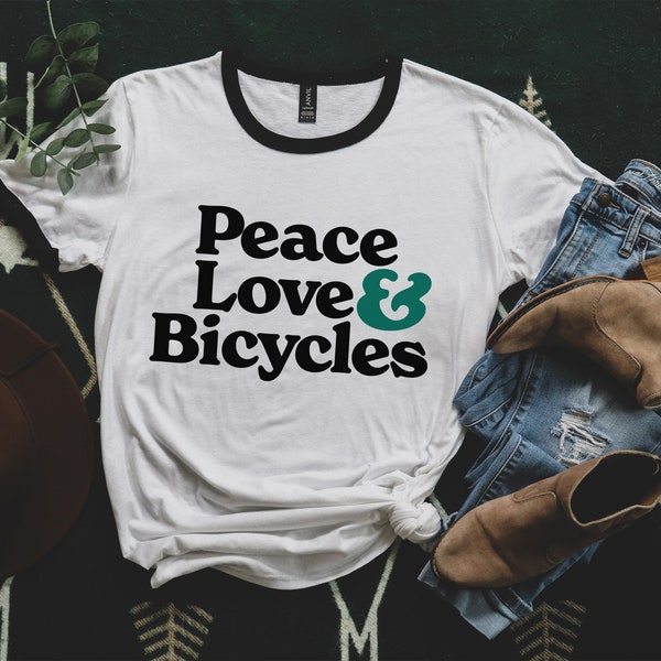 Peace, Love and Bicycles Classic Ringer Tee, Bike Month Shirt, Bicycle or Cyclist Gift in Heather Gray, Natural, or White with Black Trim