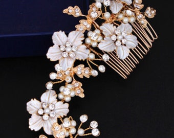 Gold Floral and Pearl Hair Piece / Hair Comb Accessory