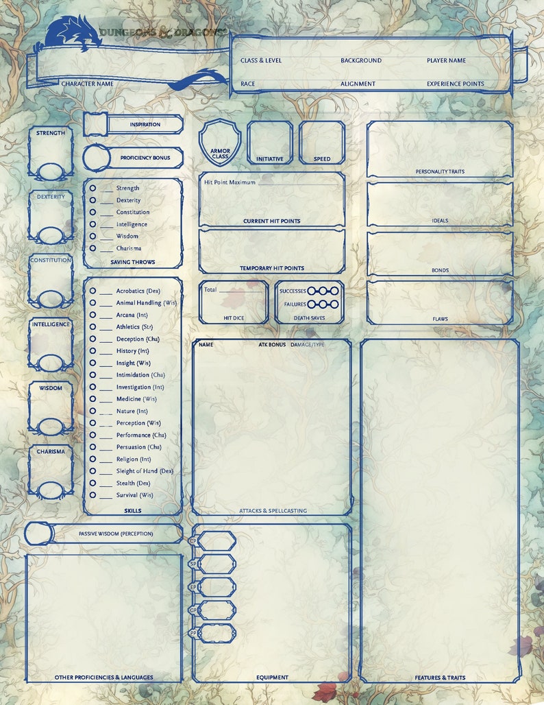 Character Sheet D&amp;D Style Player Sheet Printable and Fillable Pdf ...