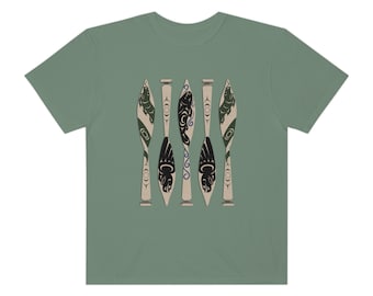 Coast Salish paddles, sea serpent, salmon, eagle, native art, indigenous art Unisex Garment-Dyed T-shirt