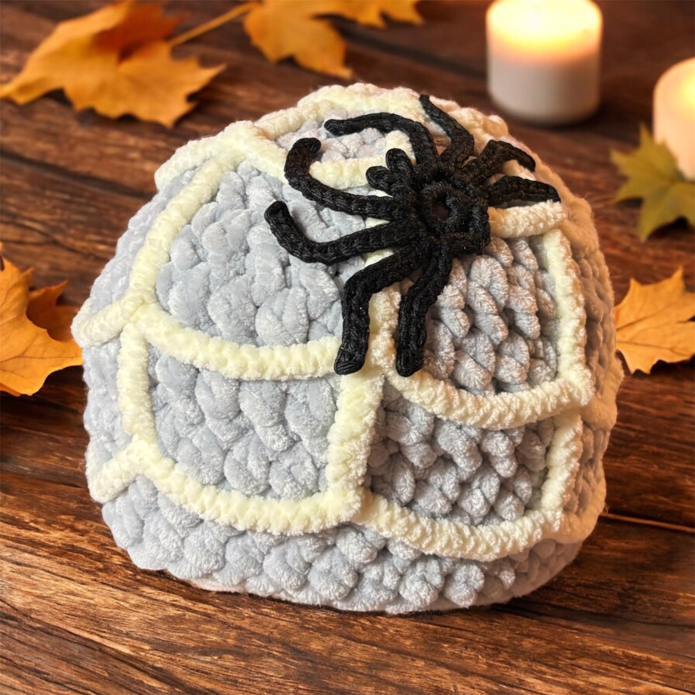 Extra warm fuzzy spider web hat with spider appliqué